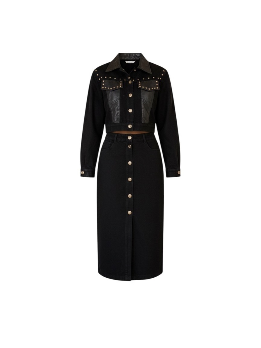 D Frank Black Studded Western Cropped Jacket & Midi Skirt Set